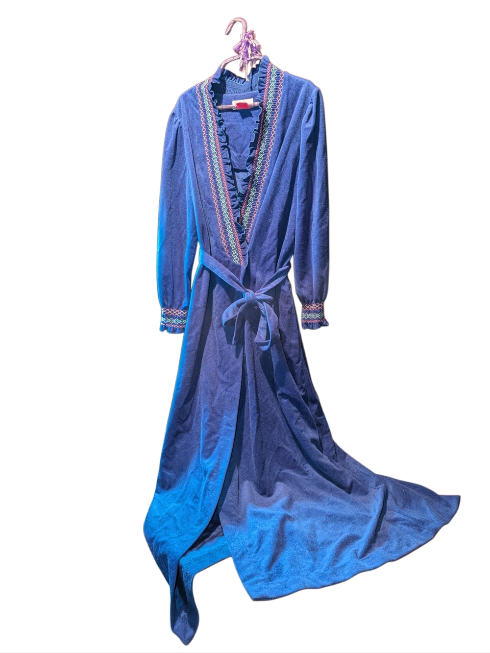 Vintage Blue Embroidered Trim Wrap Robe with Tie Waist